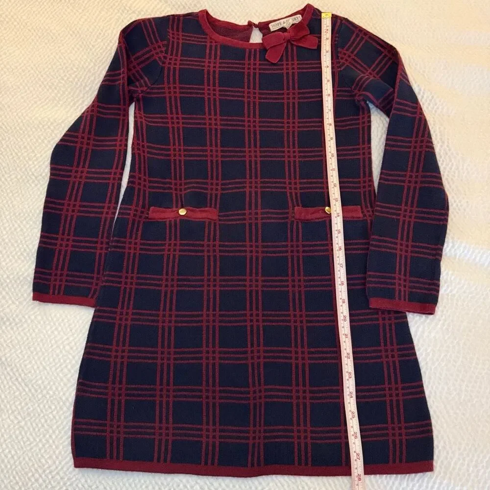Hope & Henry | Windowpane Sweater Dress Navy Red Bow | Girls 10